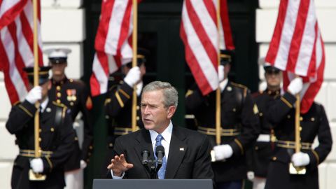 Then-US President George W. Bush speaks in Washington during the 9/11 Heroes Medal of Valor Ceremony on September 9, 2005, honoring the public safety officers who gave their lives during the attacks.