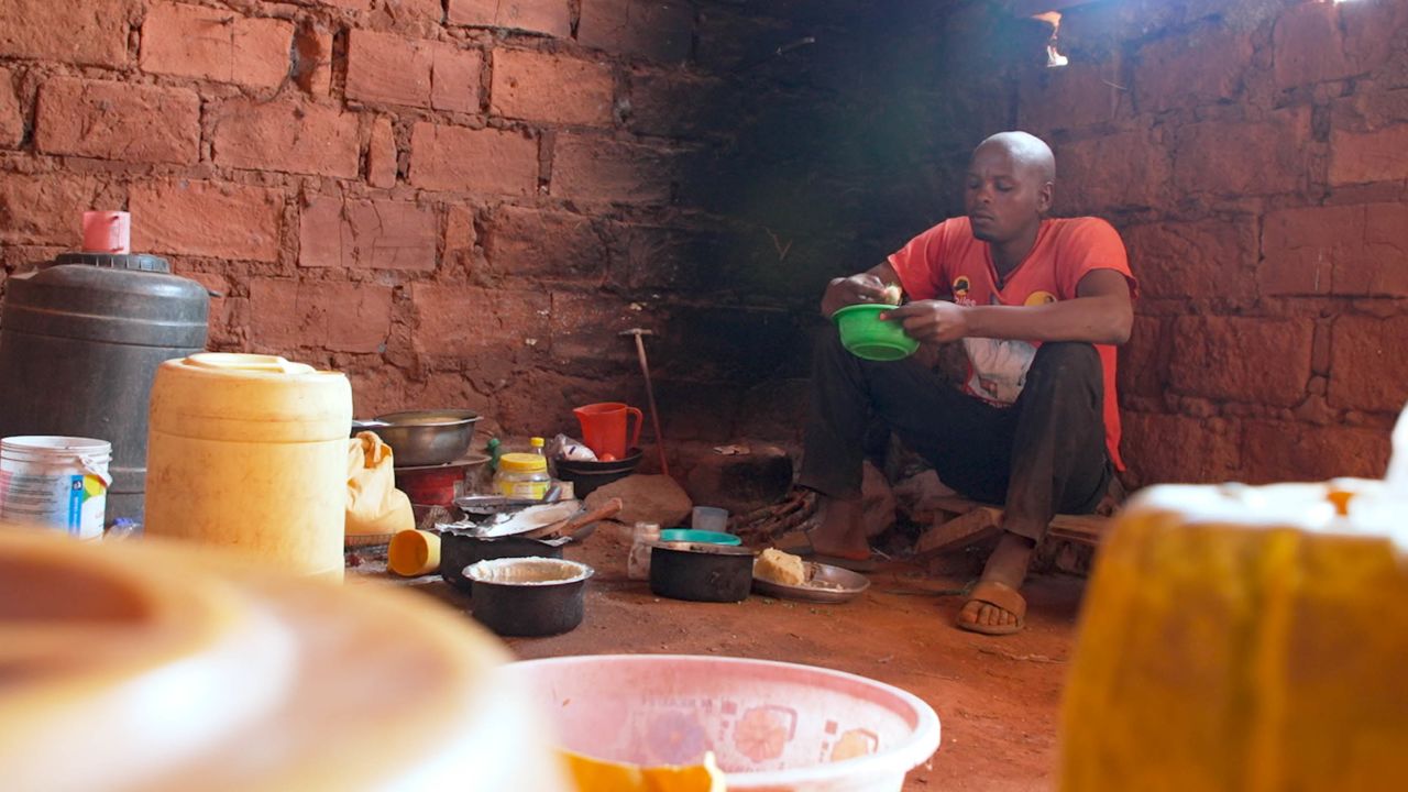 Ibrahim Chombo inside his house. He says he and his family struggle for enough food to eat. 