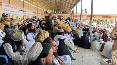 Large, all-male crowds at a Taliban gathering in Paktika province.
