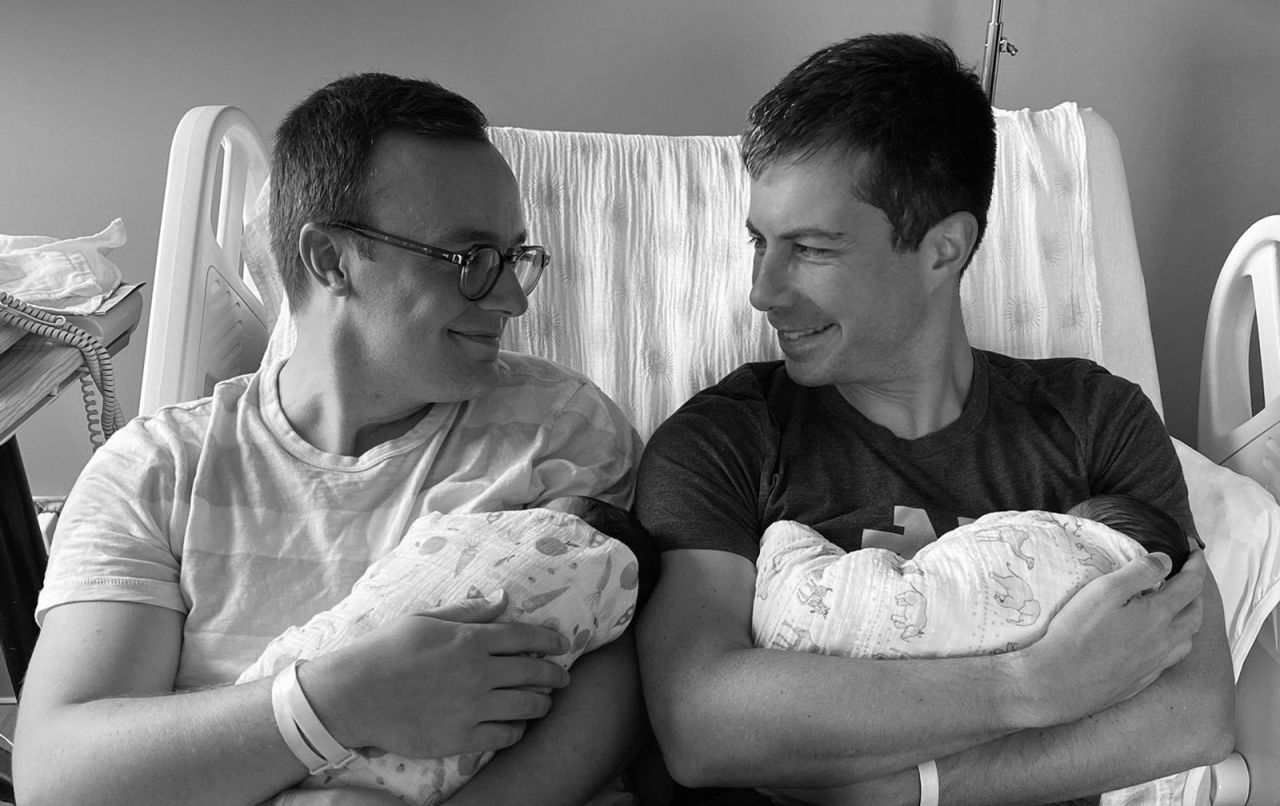 US Transportation Secretary Pete Buttigieg, right, and his husband, Chasten, hold <a href="https://www.cnn.com/2021/09/04/politics/pete-buttigieg-chasten-welcome-babies/index.html" target="_blank">their newly adopted children</a> in this photo posted on social media on Saturday, September 4. "We are delighted to welcome Penelope Rose and Joseph August Buttigieg to our family," <a href="https://twitter.com/PeteButtigieg/status/1434167993769111552" target="_blank" target="_blank">Pete Buttigieg said on Twitter.</a>