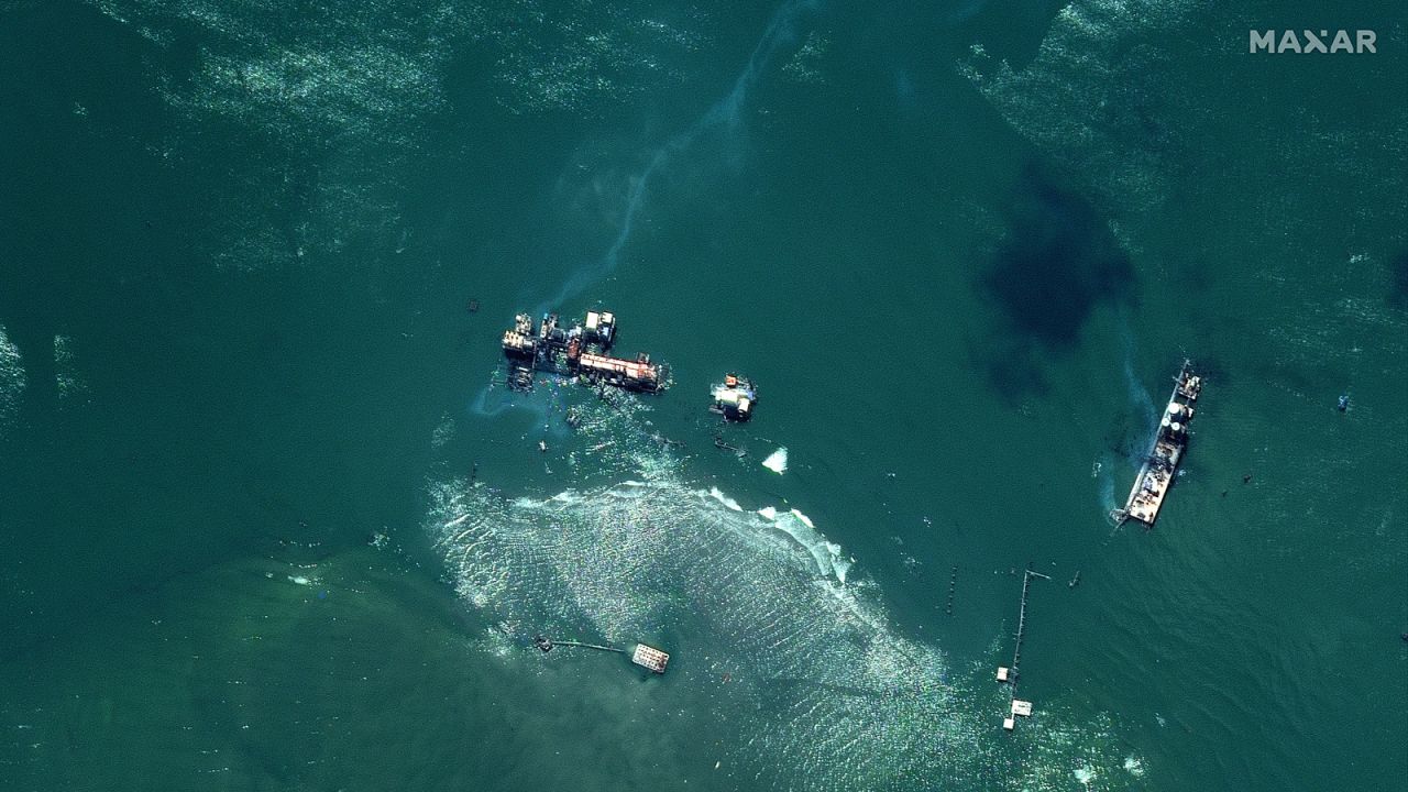 This satellite image from Maxar Technologies shows an oil slick in the Gulf of Mexico, south of Port Fourchon, Louisiana, on Saturday, September 7. The US Coast Guard has been investigating <a href="https://www.cnn.com/2021/09/07/us/gulf-of-mexico-oil-spill-ida/index.html" target="_blank">oil spill incidents</a> in the wake of Hurricane Ida.