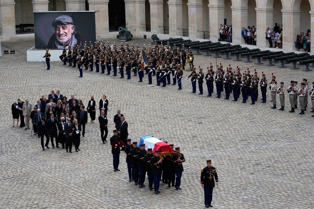 Republican Guards carry the coffin of <a href="https://www.cnn.com/style/article/jean-paul-belmondo-death-intl-scli/index.html" target="_blank">actor Jean-Paul Belmondo</a> after a tribute ceremony in Paris on Thursday, September 9. The legendary French actor was best known for his breakthrough performance as the dangerous yet romantic criminal Michel in the 1960 film "Breathless," where he worked with film director Jean-Luc Godard and starred alongside American actress Jean Seberg. 