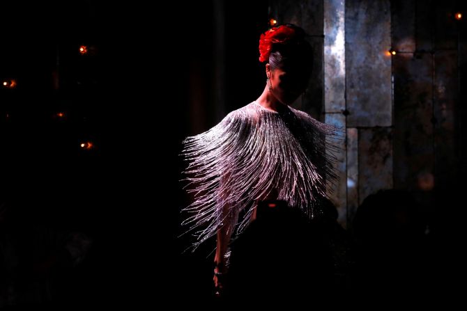 Fringe details are a recurring trend this season, as seen with this silver creation at Naeem Khan's showcase.