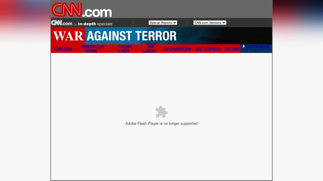 An interactive CNN feature on the fallout from 9/11 is broken following the end of Flash. 