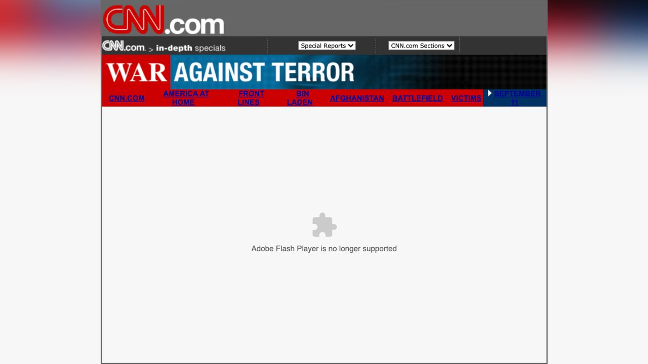 An interactive CNN feature on the fallout from 9/11 is broken following the end of Flash. 