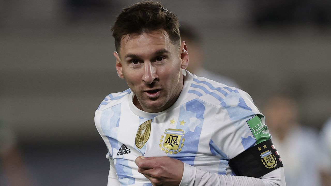 Messi celebrates scoring against Bolivia.