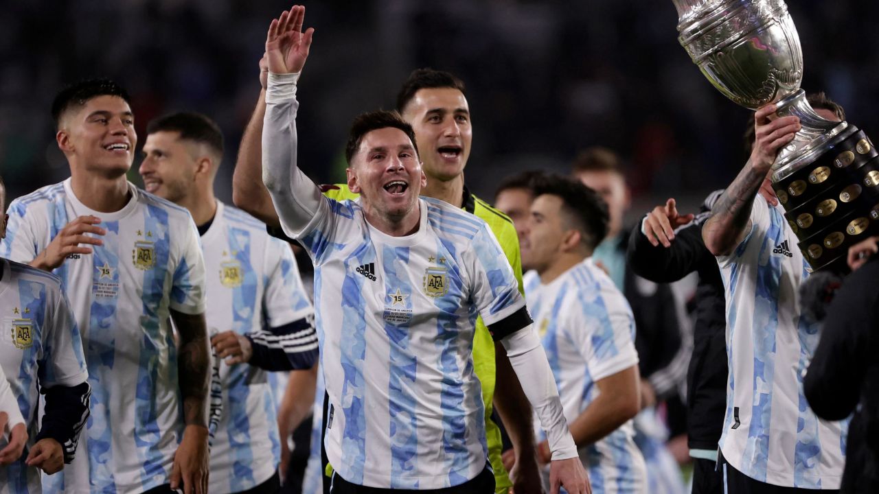 Messi and Argentina celebrate with the Copa América trophy in front of fans in Buenos Aires.