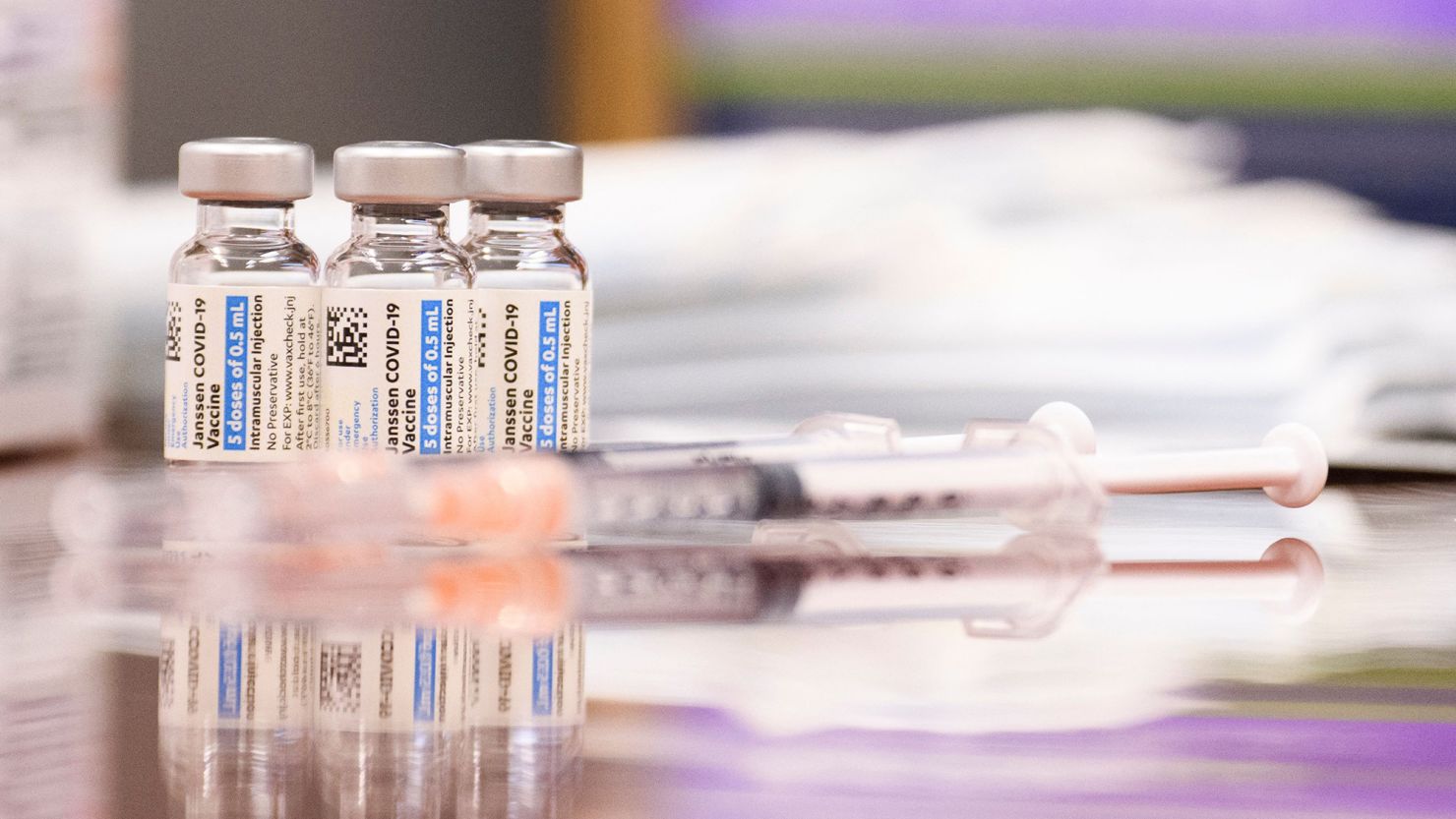 Vials and syringes of the Johnson and Johnson Janssen Covid-19 vaccine are displayed at a Culver City Fire Department vaccination clinic on August 5, 2021, in California. 