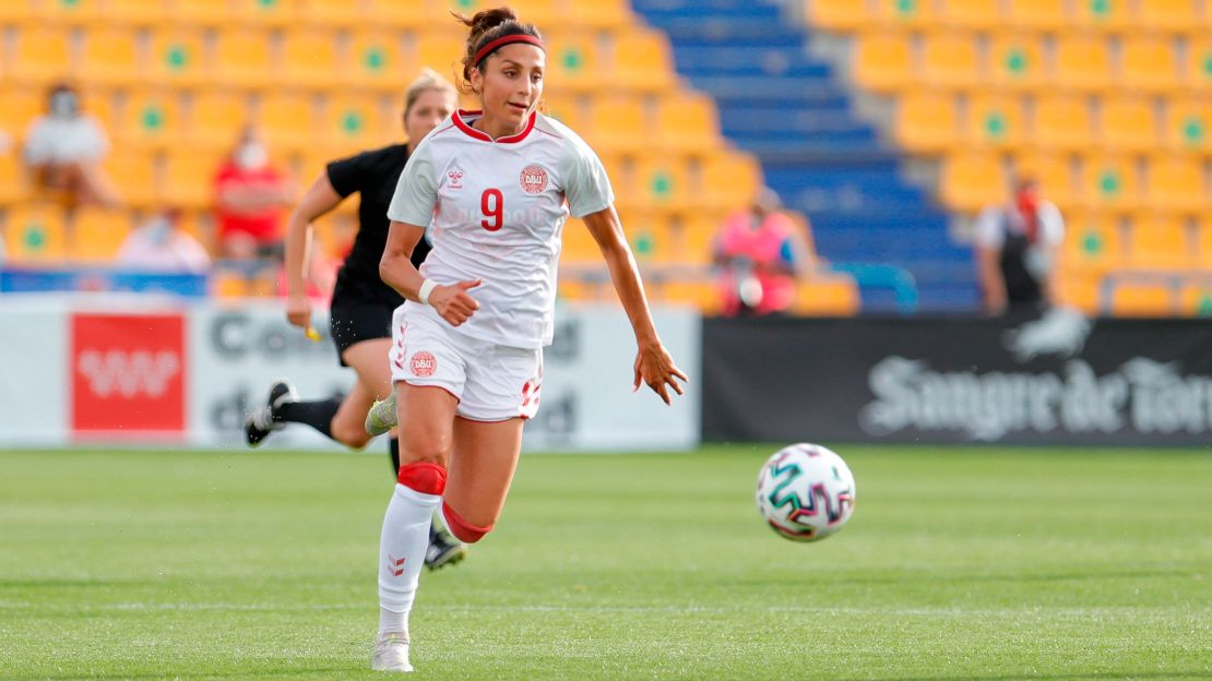 Nadim in action during the match in the Spain and Denmark.