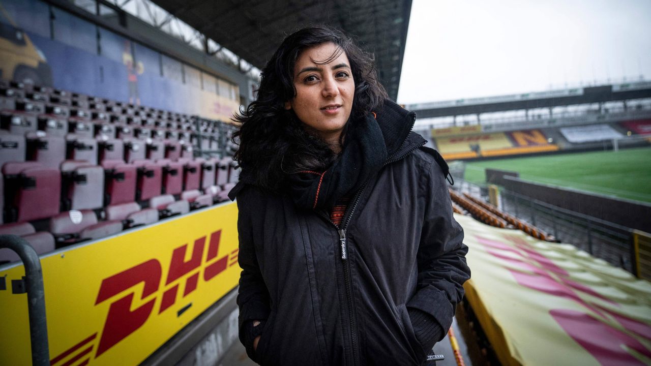 Former Afghanistan women's football captain Khalida Popal poses for a photographer at Farum Park stadium.