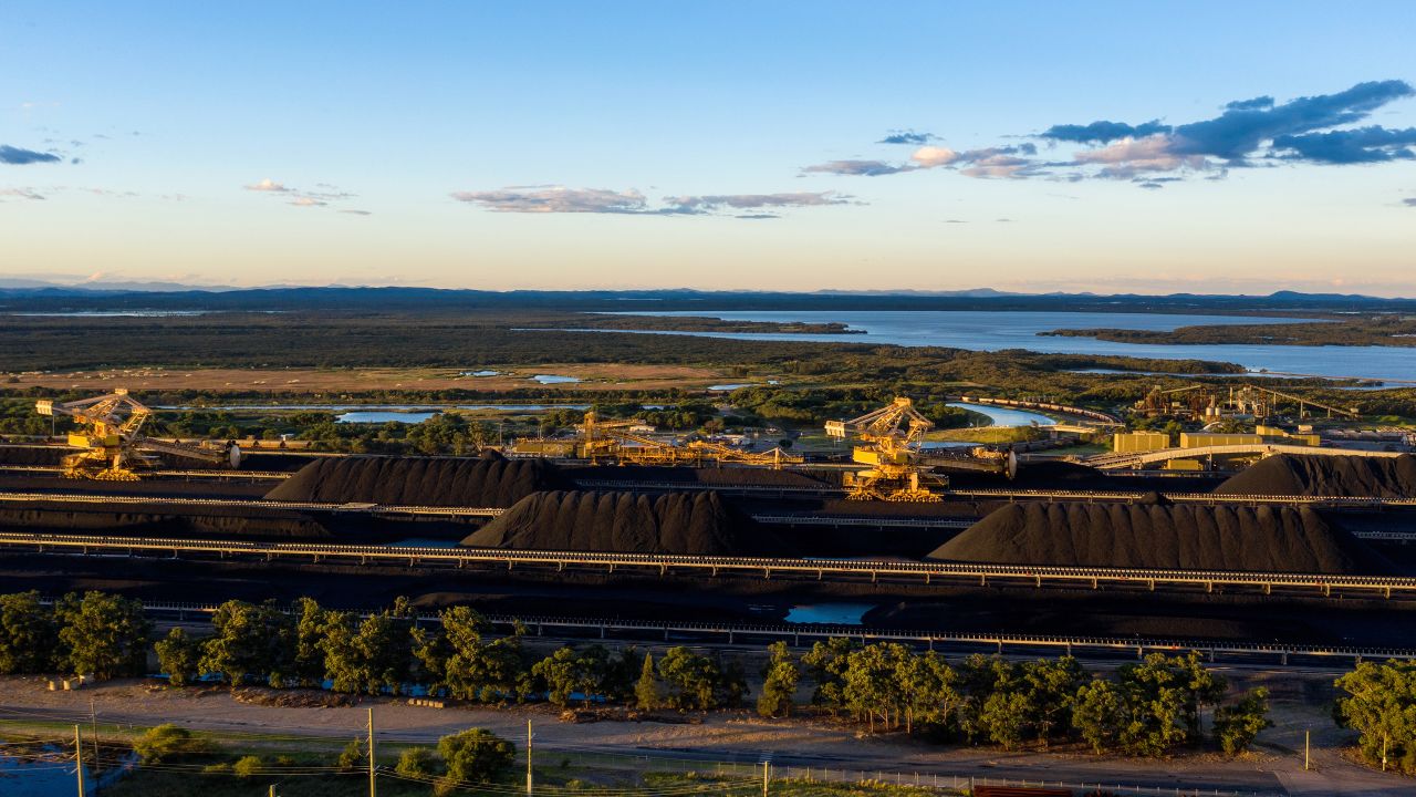 Stockpiles of coal at the Newcastle Coal Terminal in the Australian state of New South Wales.