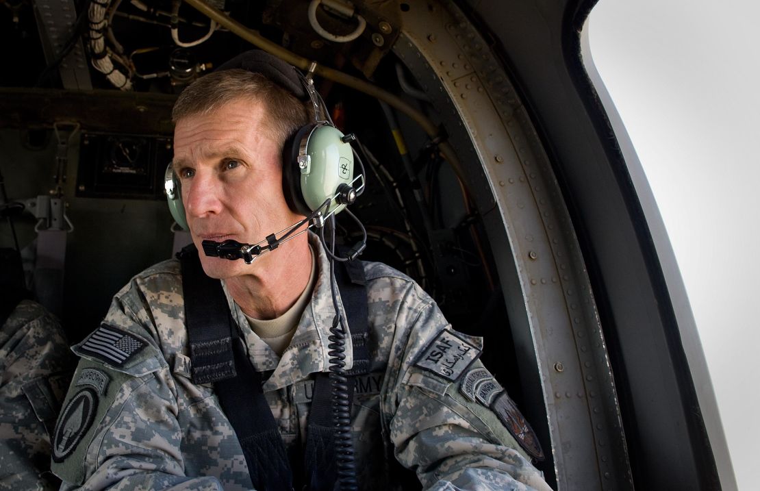 Commander General Stanley McChrystal sits in the helicopter after a lengthy conference meeting with military officials in October 2009 at forward operating base Walton, outside of Kandahar, Afghanistan. 