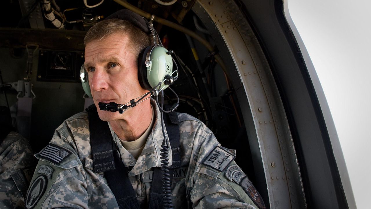 Commander General Stanley McChrystal sits in the helicopter after a lengthy conference meeting with military officials in October 2009 at forward operating base Walton, outside of Kandahar, Afghanistan.
