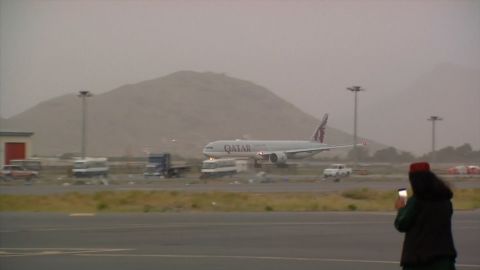 A Qatar Airways passenger flight takes off from Kabul airport on September 10.