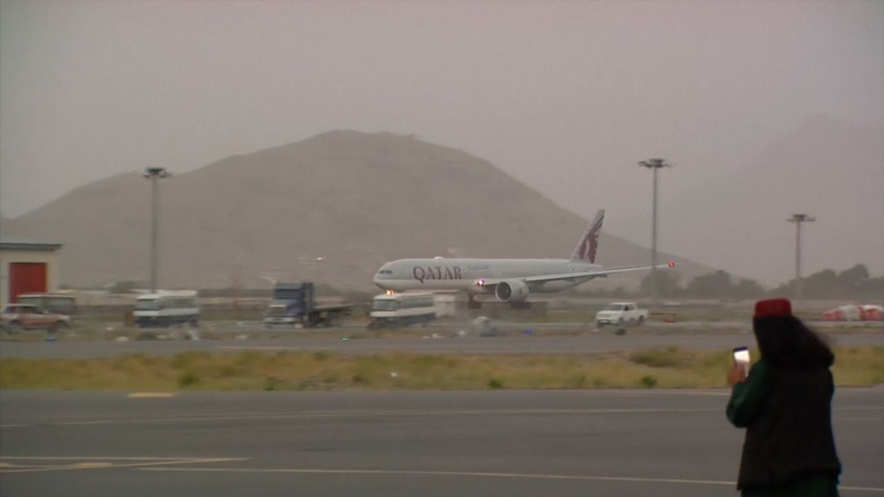 A Qatar Airways passenger flight takes off from Kabul airport on September 10.