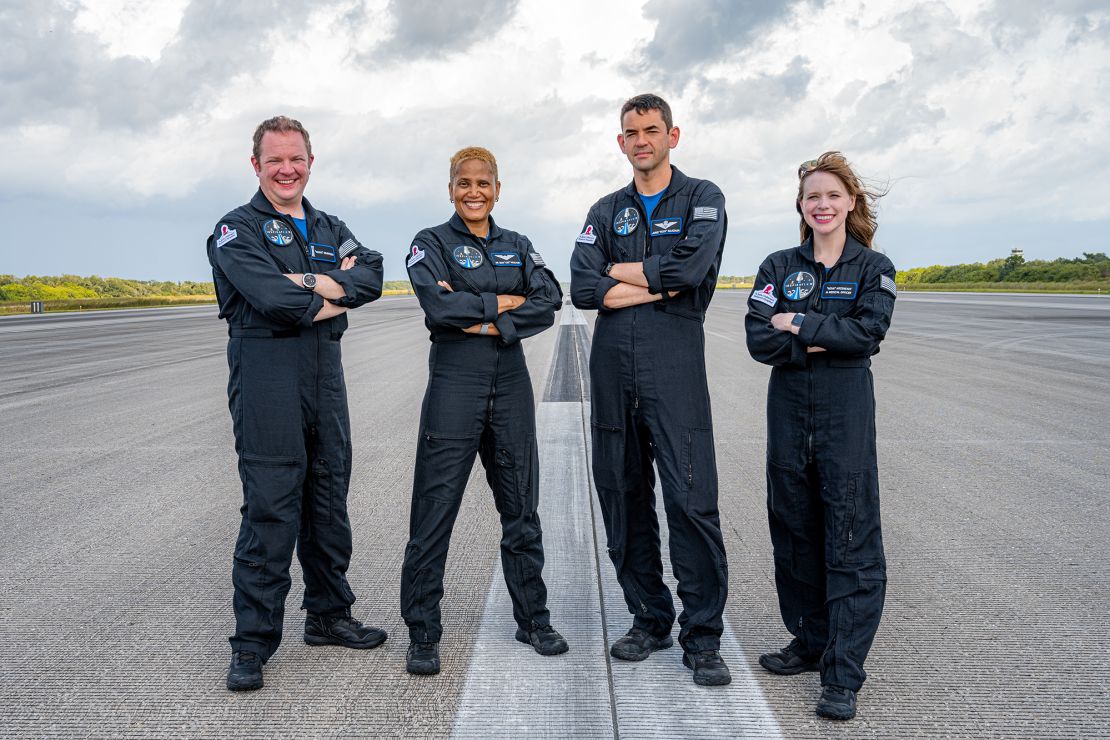 Chris Sembroski, Dr. Sian Proctor, Jared Isaacman and Hayley Arceneaux at Kennedy Space Center on September 9, 2021.