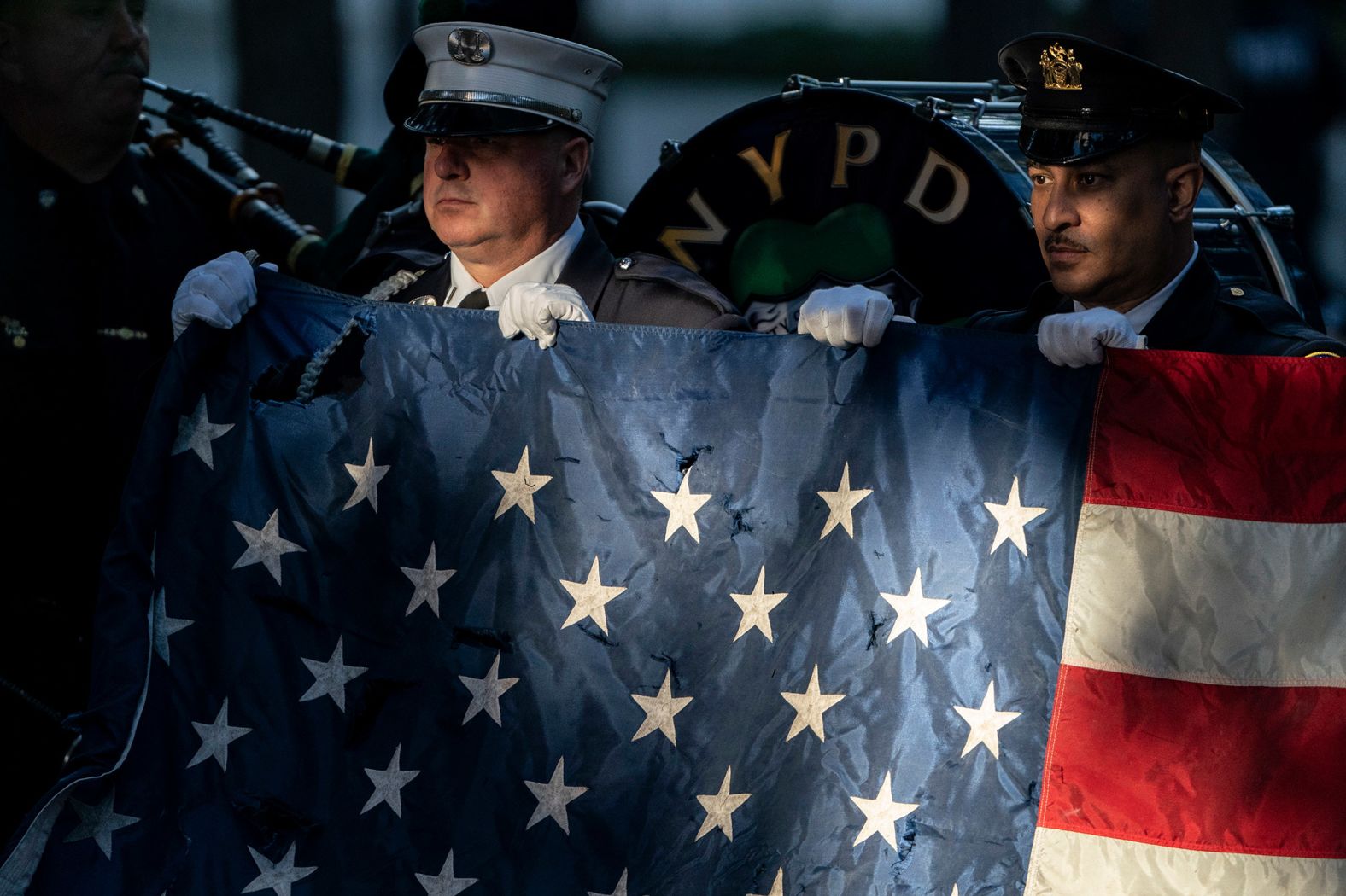 Flag bearers rehearse before the ceremony in New York on Saturday.