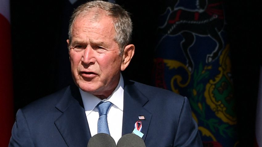 Former US President George W. Bush speaks during a 9/11 commemoration at the Flight 93 National Memorial in Shanksville, Pennsylvania on September 11, 2021. - America marked the 20th anniversary of 9/11 Saturday with solemn ceremonies given added poignancy by the recent chaotic withdrawal of troops from Afghanistan and return to power of the Taliban. (Photo by MANDEL NGAN / AFP) (Photo by MANDEL NGAN/AFP via Getty Images)
