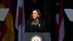 US Vice President Kamala Harris speaks during a 9/11 commemoration at the Flight 93 National Memorial in Shanksville, Pennsylvania on September 11, 2021. - America marked the 20th anniversary of 9/11 Saturday with solemn ceremonies given added poignancy by the recent chaotic withdrawal of troops from Afghanistan and return to power of the Taliban. 