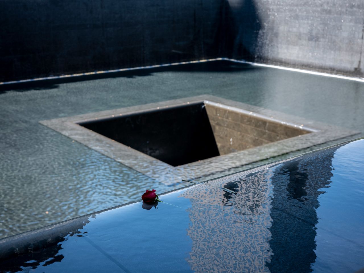 A flower is seen at the edge of one of the reflecting pools at the 9/11 memorial in New York.