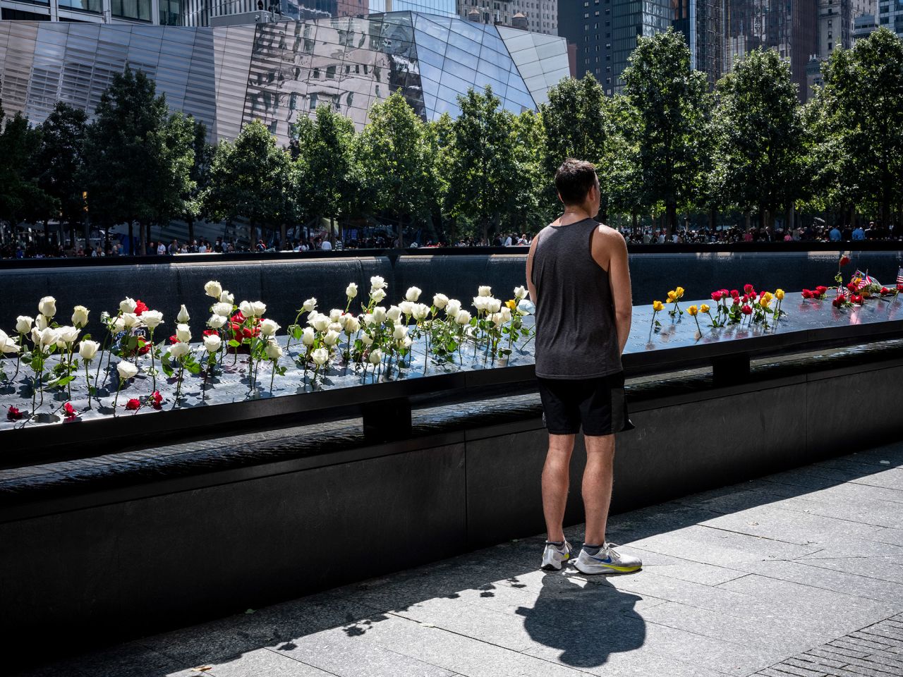 A man pauses at the Ground Zero memorial.
