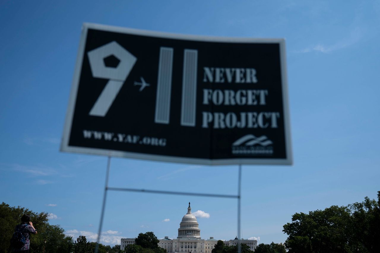 A sign for the 9/11 Never Forget Project is displayed on the National Mall in Washington, DC. Young America's Foundation, a conservative youth organization, created the project.