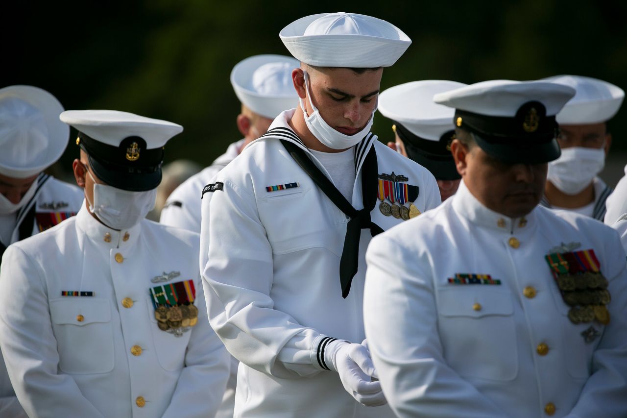 Crew members of the USS Somerset attend the memorial ceremony at the Flight 93 National Memorial near Shanksville, Pennsylvania.