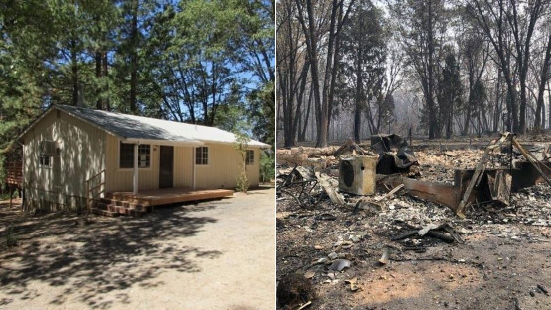 The Carters' Berry Creek home before and after the Bear Fire.