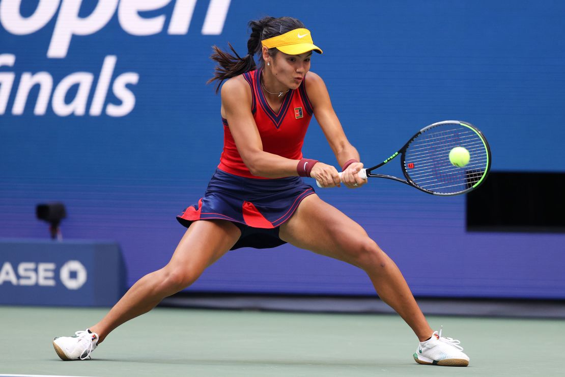 Emma Raducanu of Great Britain returns the ball against Leylah Fernandez of Canada during their Women's Singles final match at the USTA Billie Jean King National Tennis Center on September 11, 2021, in the Flushing neighborhood of the Queens borough of New York City. 
