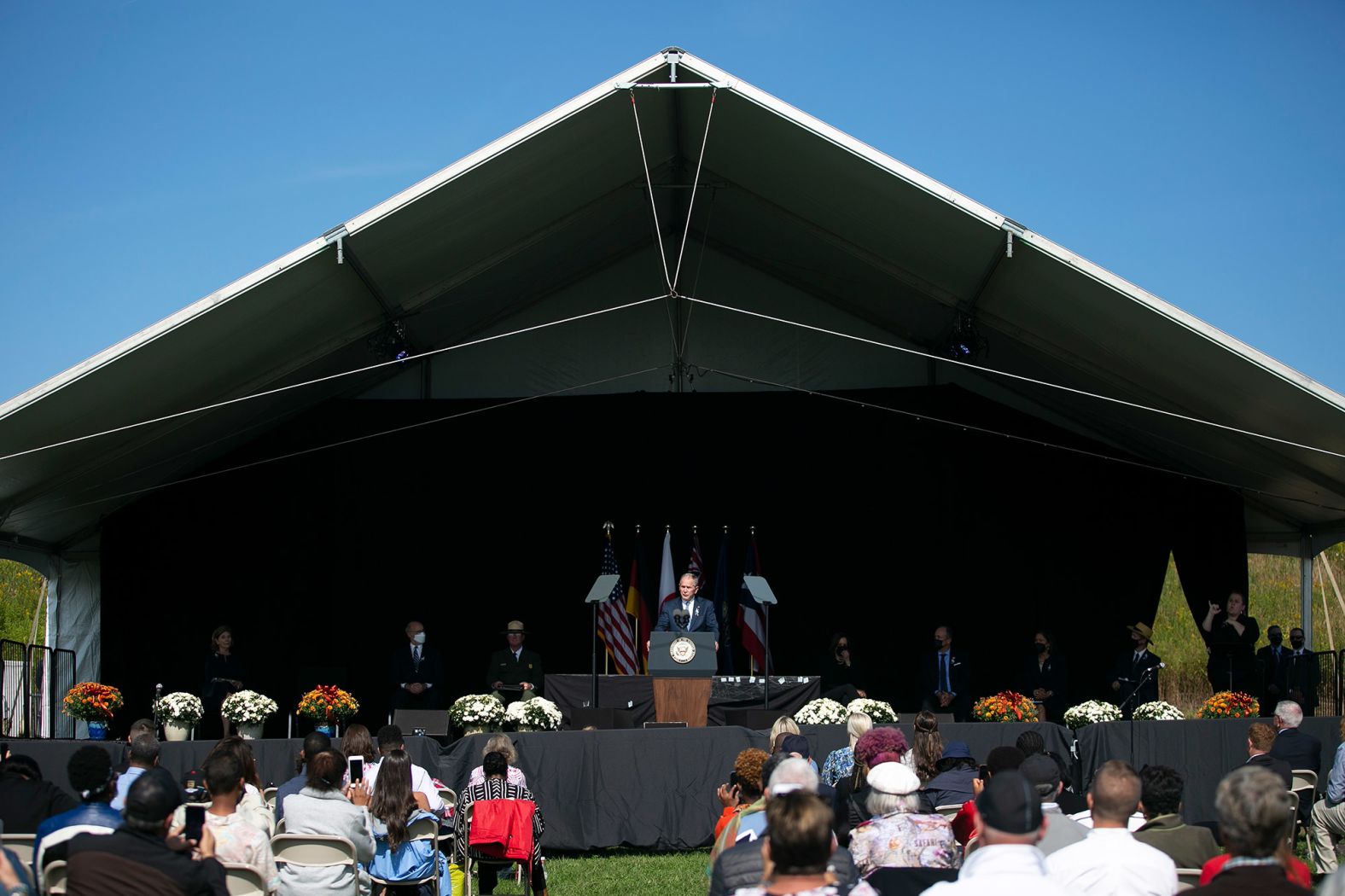 Former President George W. Bush speaks at the memorial ceremony in Shanksville. "On America's day of trial and grief, I saw millions of people instinctively grab for a neighbor's hand and rally to the cause of one another. That is the America I know," Bush said.