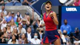 Emma Raducanu, of Britain, reacts after scoring a point against Leylah Fernandez, of Canada, during the women's singles final of the US Open tennis championships, Saturday, Sept. 11, 2021, in New York. (AP Photo/Seth Wenig)