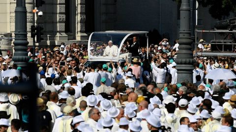 Francis arrives in his popemobile to celebrate mass for the closing of the International Eucharistic Congress at Budapest's Heroes Square.