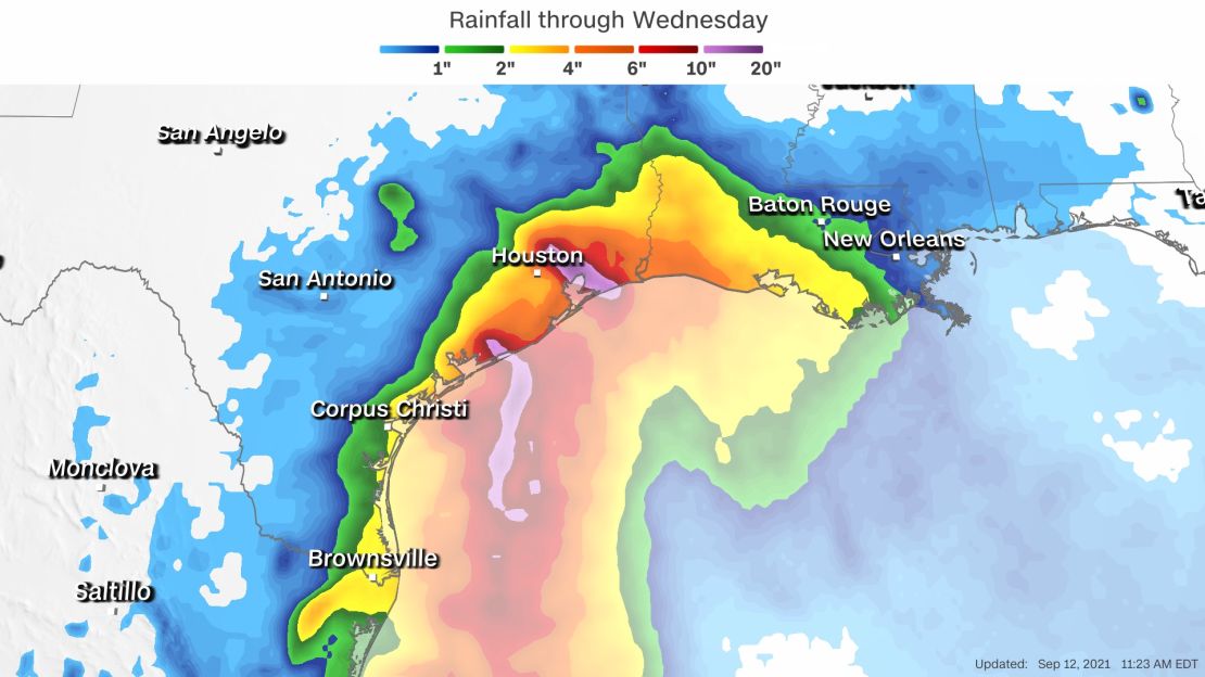 Forecast rainfall through Wednesday from Tropical Storm Nicholas.