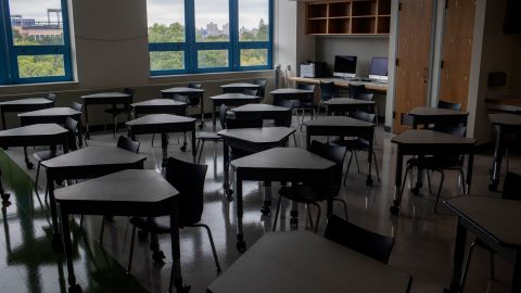 An empty classroom at P.S. 143 in the New York borough of Queens is seen August 18, 2021, ahead of the return of in-person learning.