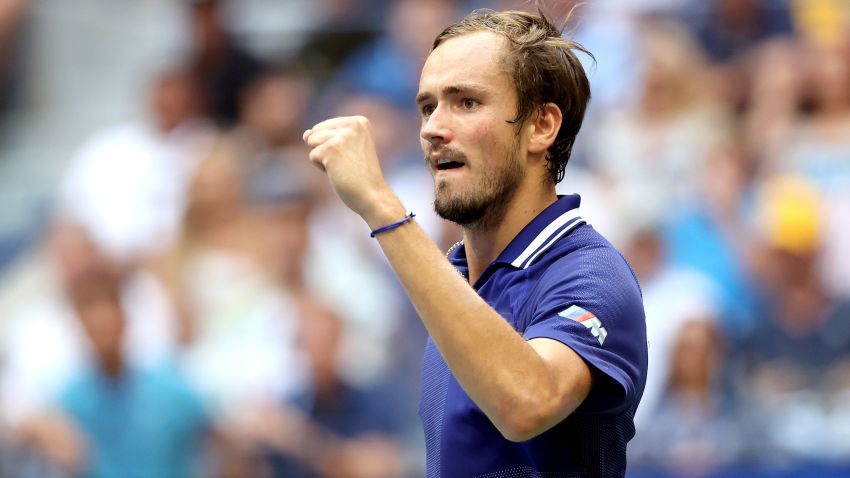 NEW YORK, NEW YORK - SEPTEMBER 12: Daniil Medvedev of Russia reacts as he plays against Novak Djokovic of Serbia during their Men's Singles final match on Day Fourteen of the 2021 US Open at the USTA Billie Jean King National Tennis Center on September 12, 2021 in the Flushing neighborhood of the Queens borough of New York City.  (Photo by Matthew Stockman/Getty Images)