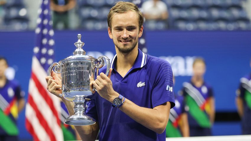 NEW YORK, NEW YORK - SEPTEMBER 12: Daniil Medvedev of Russia celebrates with the championship trophy after defeating Novak Djokovic of Serbia to win the men's singles final match on day 14 of the 2021 US Open at the National Center of Tennis USTA Billie Jean King in September.  12, 2021 in the Flushing borough of the borough of Queens in New York City.  (Photo by Matthew Stockman/Getty Images)