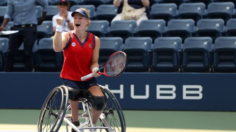 Diede de Groot of the Netherlands celebrates her winning championship point against Yui Kamiji of Japan during their Wheelchair Women's Singles final at the US Open. 