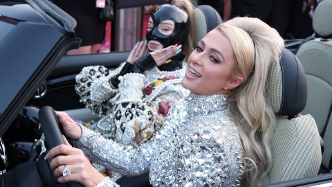 Kim Petras, left, and Paris Hilton arrive at the 2021 MTV Video Music Awards.