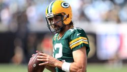 JACKSONVILLE, FLORIDA - SEPTEMBER 12: Aaron Rodgers #12 of the Green Bay Packers warms up prior to the game against the New Orleans Saints at TIAA Bank Field on September 12, 2021 in Jacksonville, Florida. (Photo by Sam Greenwood/Getty Images)