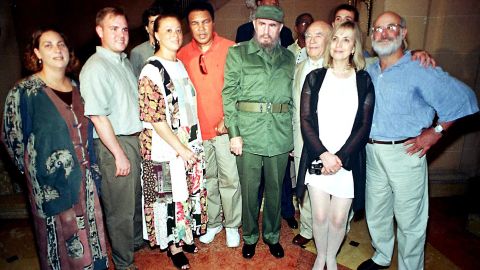 Muhammad Ali and American actor Ed Asner meet with Cuban leader Fidel Castro in Cuba in an undated photograph.