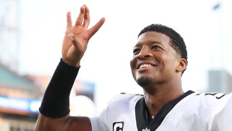 Winston celebrates after defeating the Green Bay Packers.