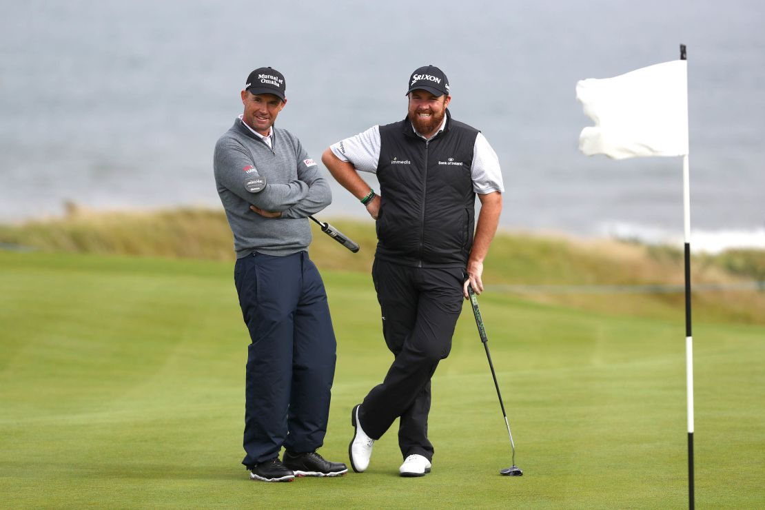 Harrington stands with Lowry on the fourth green before the Alfred Dunhill Links Championship at Kingsbarns Golf Links.