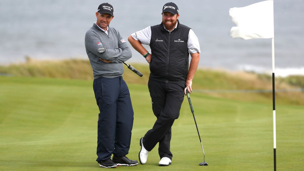 Harrington stands with Lowry on the fourth green before the Alfred Dunhill Links Championship at Kingsbarns Golf Links.
