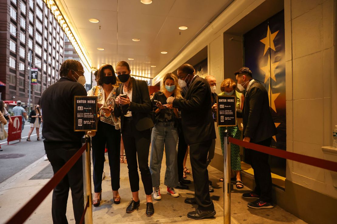 Guests have their vaccine cards and identification checked before entering the theatre at the opening night of previews for "Pass Over" at the August Wilson Theatre in Manhattan on August 4.