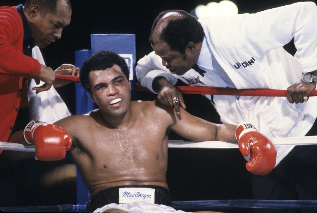 Ali sits in his corner during his loss to Larry Holmes in 1980.