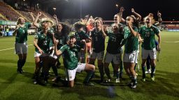Northern Ireland players celebrate after winning 2-0 against Ukraine in the UEFA Women's Euro 2022 play-offs in Belfast on April 13, 2021.