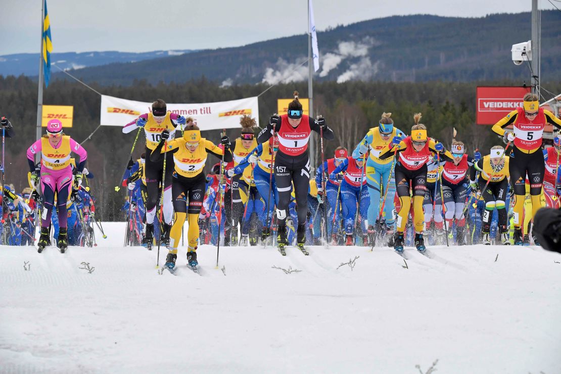 Competitors race during the 2021 Tjejvasan Vasaloppet for women in Mora, Sweden, on February 27.