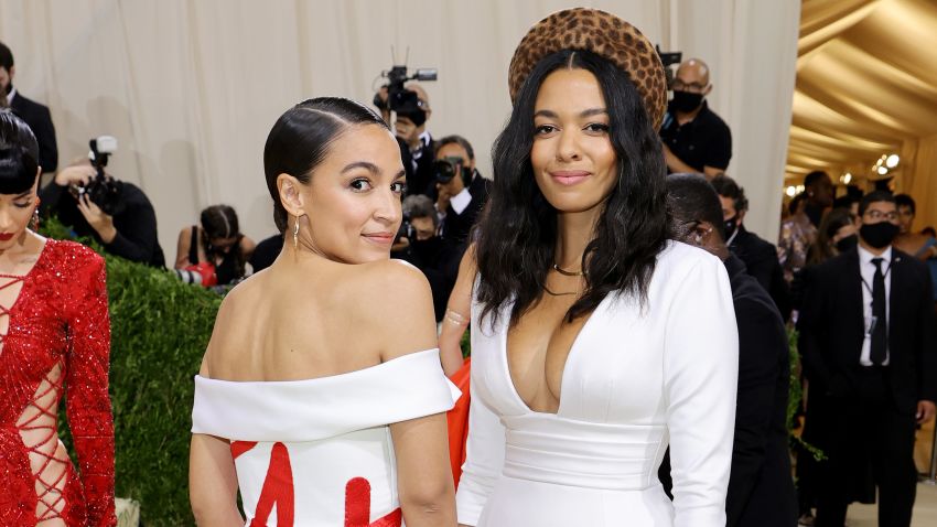 NEW YORK, NEW YORK - SEPTEMBER 13: Alexandria Ocasio-Cortez (L) attends The 2021 Met Gala Celebrating In America: A Lexicon Of Fashion at Metropolitan Museum of Art on September 13, 2021 in New York City. (Photo by Mike Coppola/Getty Images)