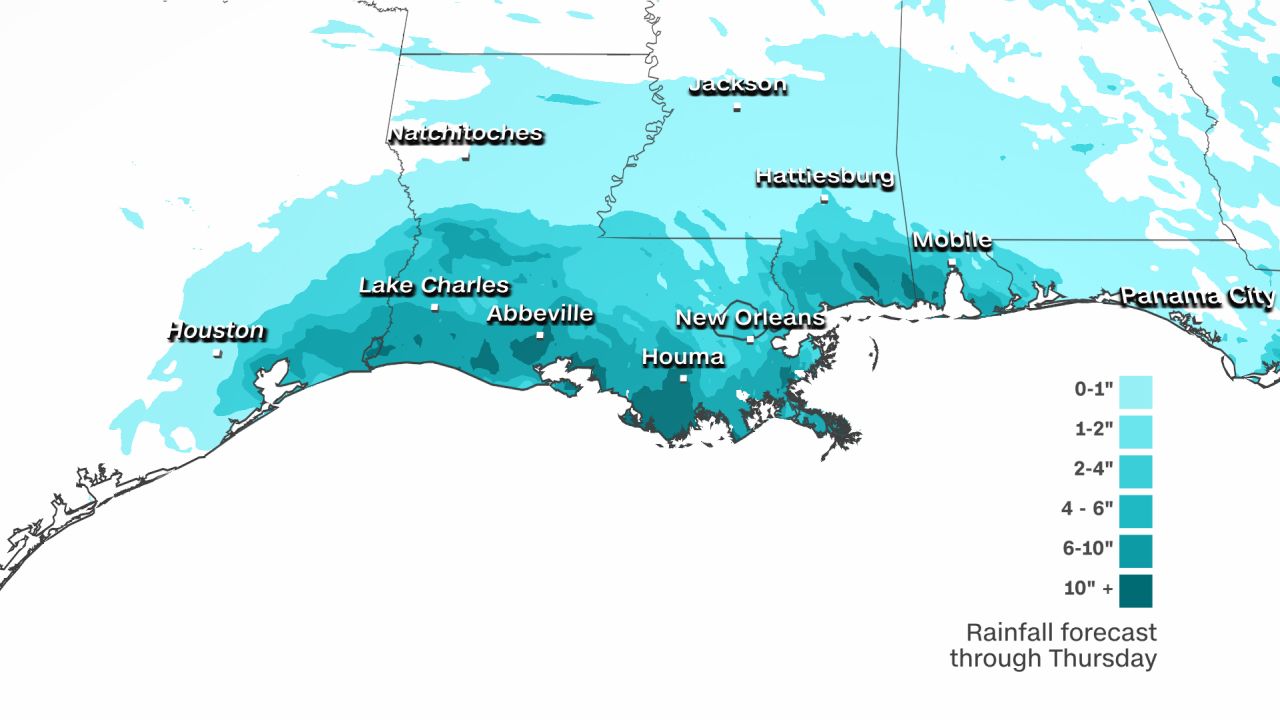More than 10 inches of rain could fall in parts of south Louisiana by Thursday.