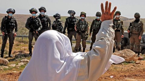 An elderly Palestinian man protests against the Israeli settlement of Carmel in the West Bank on March 19.
